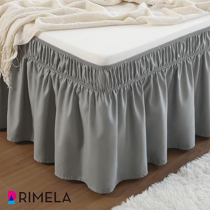 RIMELA Bed Skirt King Size Light Grey Bed Skirt 12 Inch Drop, Wrap Around Elastic Adjustable Bedskirt, Dust Ruffle for Bed Frame & Box Spring Soft Durable Fabric Machine Washable Easy to Install