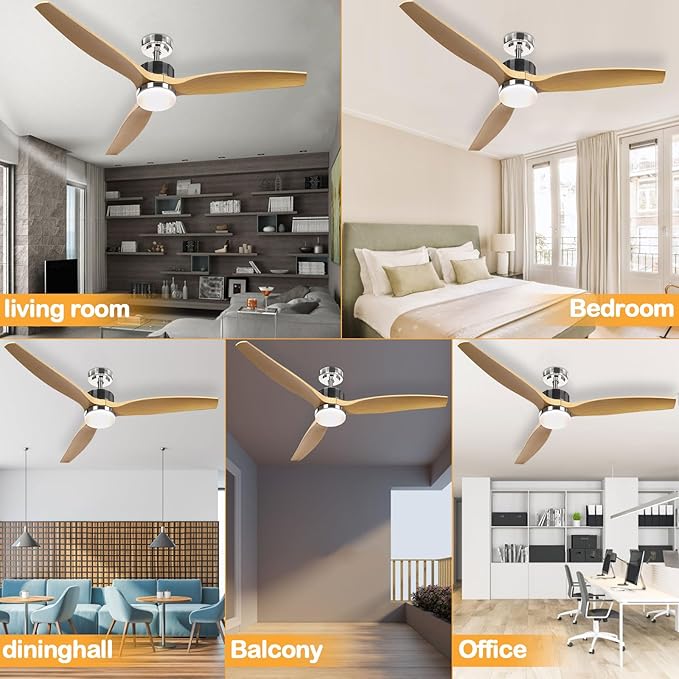 Ceiling Fan with Lights， 52" ，with Remote Control，2 Poles，LED Dimmable，Reversible DC Motors, Timer Noiseless，Bedroom Living Room Indoor&Outdoor，Very Energy Conservation