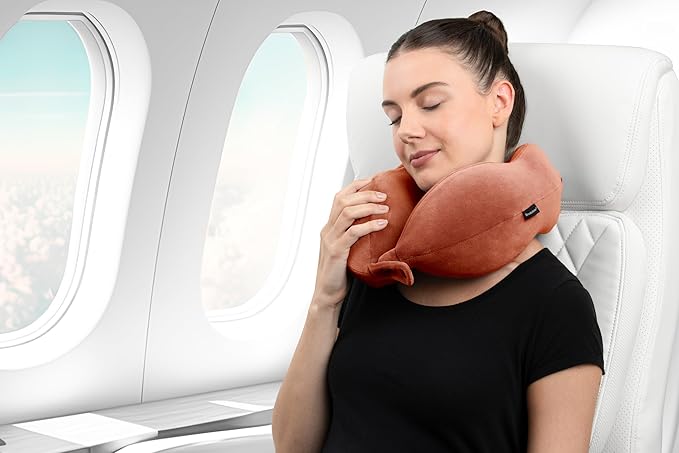 Brookstone Contoured Memory Foam Head and Neck Travel Pillow Ergonomic and Lightweight, Terra Cotta