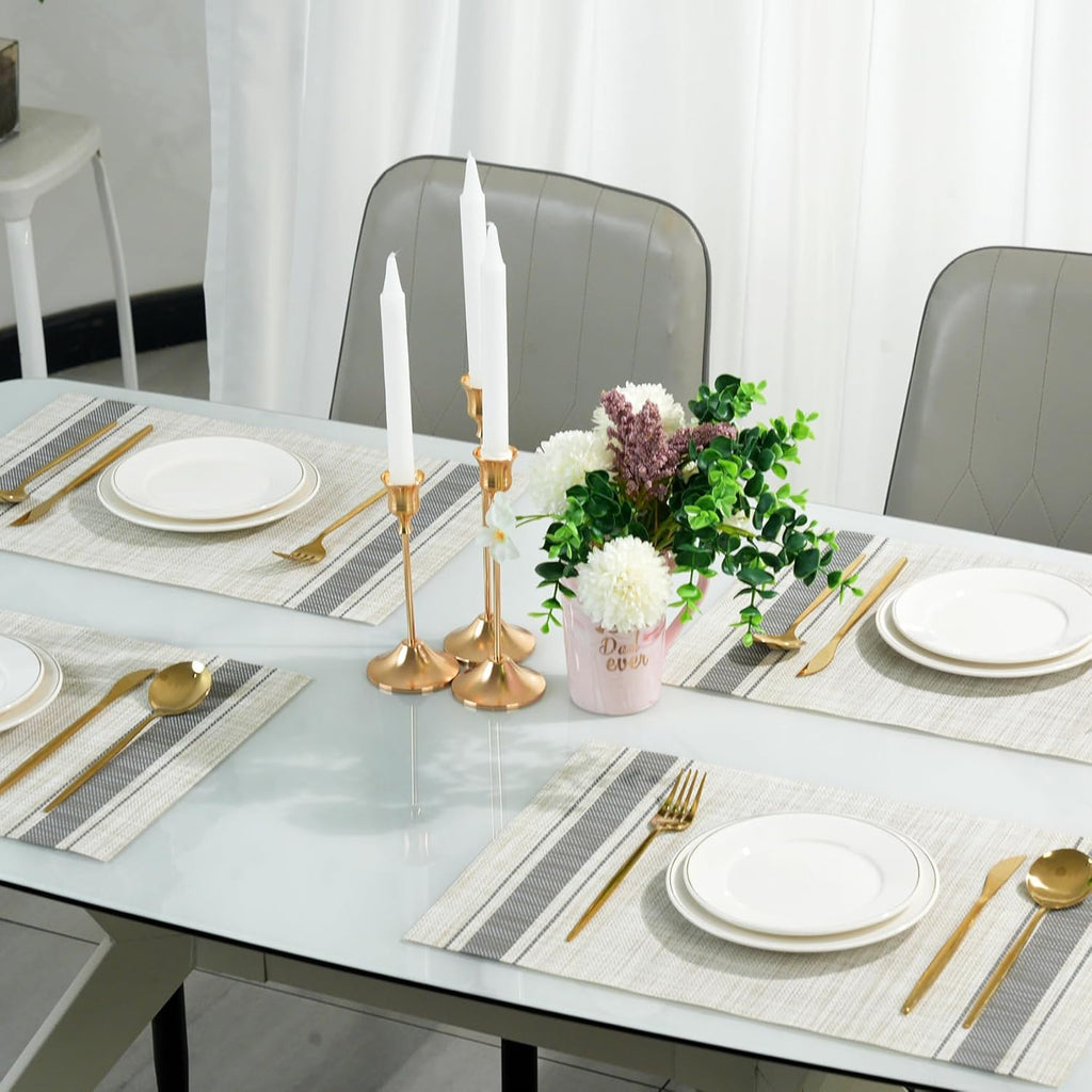 Placemats Set of 12，Non-Slip PVC Weave Table Mats Easy to Clean，Heat Resistant Place Mats for Kitchen Dining Table Decoration Indoor Outdoor，Khaki Gray