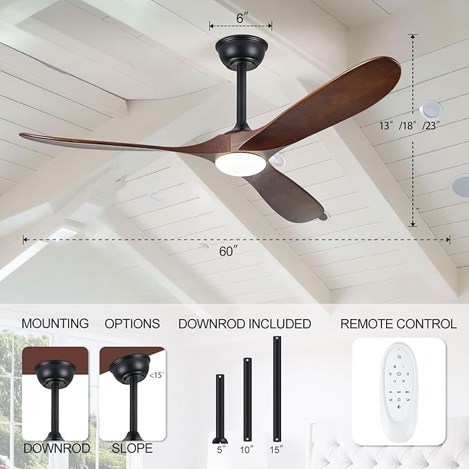 60" Ceiling Fans with Lights, 60 inch Ceiling Fan with Lights, High cfm Quiet 3 Blade Wood Walnut Ceiling Fan, Large Modern Ceiling Fan with Remote, Propeller Fans for Patios,Dark Walnut