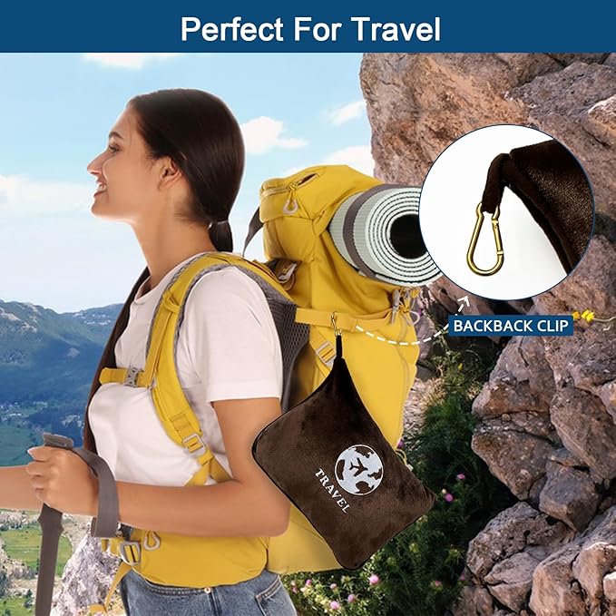 Bnuitland Travel Blanket and Pillow 2 in 1, Soft Flannel Airplane Blanket in Bag Compact-Long Flight Essential for Adults and Kids, Portable Luggage Sleeve and Backpack Clip, 65×40 inch Coffee Brown
