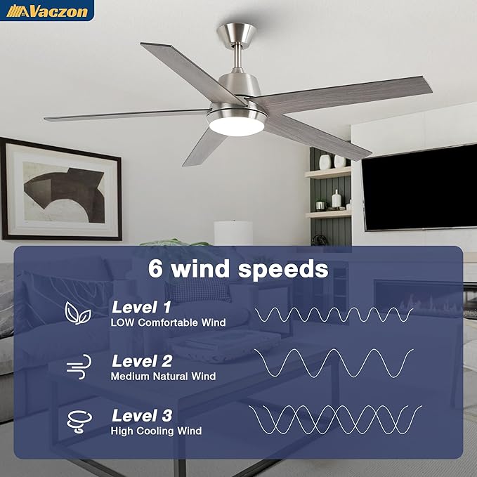 Ceiling Fans with Lights and Remote 52 Inch Modern Ceiling Fan with 6 Speeds, Dimmable LED, Reversible Noiseless DC Motor, Two-Color Blades, Cooling Fan for Bedroom, Living Room, Dining Room