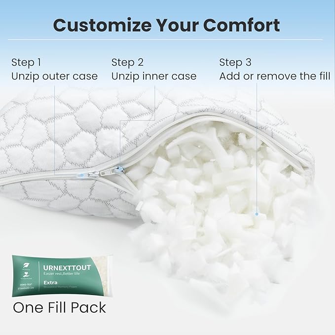Shredded Memory Foam Pillows for Travel Cooling Pillows for Hot Sleepers Support Adjustable Travel Pillows with Extra Fill
