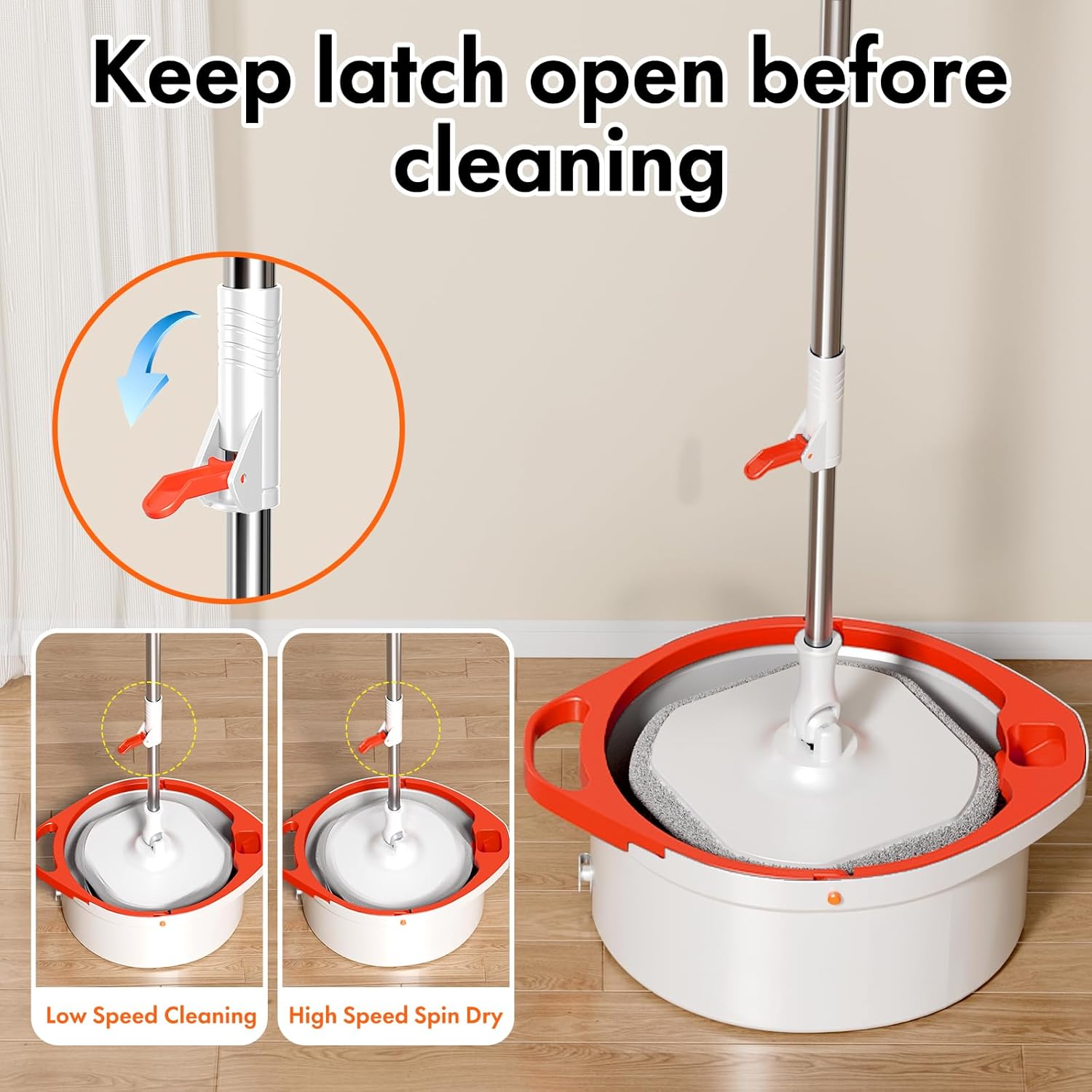 Spin Mop and Bucket Set with Separate Dirty and Clean Water,360° Spin Mop and Bucket System with Widening Foldable Handle,6 Replaceable Mop Pads,Square Mop for Floor Hardwood Wall Cleaning(White)