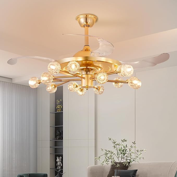 48" Chandelier Ceiling Fans with Lights: 15-Light Sputnik Crystal Ceiling Fan Chandelier - Modern Retractable Fandelier Ceiling Fan for Living Dining Room Bedroom - Gold Fandelier with Lights