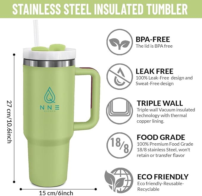 40oz stainless Steel Insulated Tumbler with Handle, lid and straw for cold water, Iced tea, or coffee - 100% Leak-Proof - Cupholder Friendly Travel Mug- Gifts for Women Men Him Her (Green)