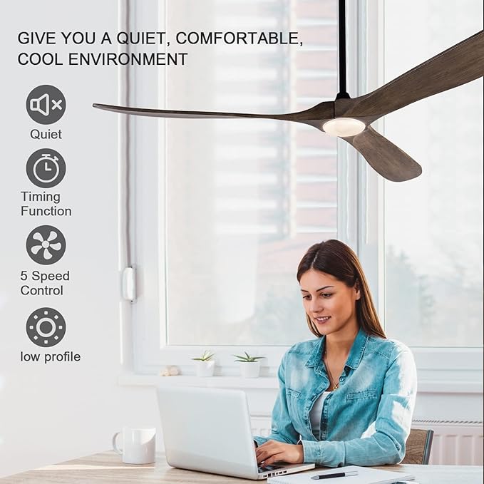 BOJUE 72 Inch Large Ceiling Fans with Lights, Ceiling Fan with Light and Remote Control, 3 Solid Wood Blades, Indoor Outdoor Ceiling Fans for Patios Porch Living Room Farmhouse