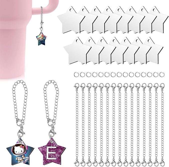 15 Sets Sublimation Charms Accessories for Stanley Cup Sublimation Keychain Blanks Bulk MDF Sublimation Key Chains Charm Blanks for Tumblers with Handle for DIY Crafts Gift (Star)