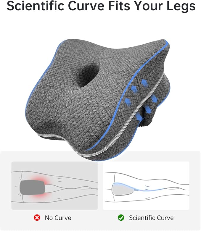 Knee Pillow for Side Sleepers Hip Pain, Between Knee Pillow for Side Sleepers with Strap, Sciatica Pain Relief Pillow Supports Back Pain, Ergonomic Leg Positioner Pillow with Washable Cover, Grey