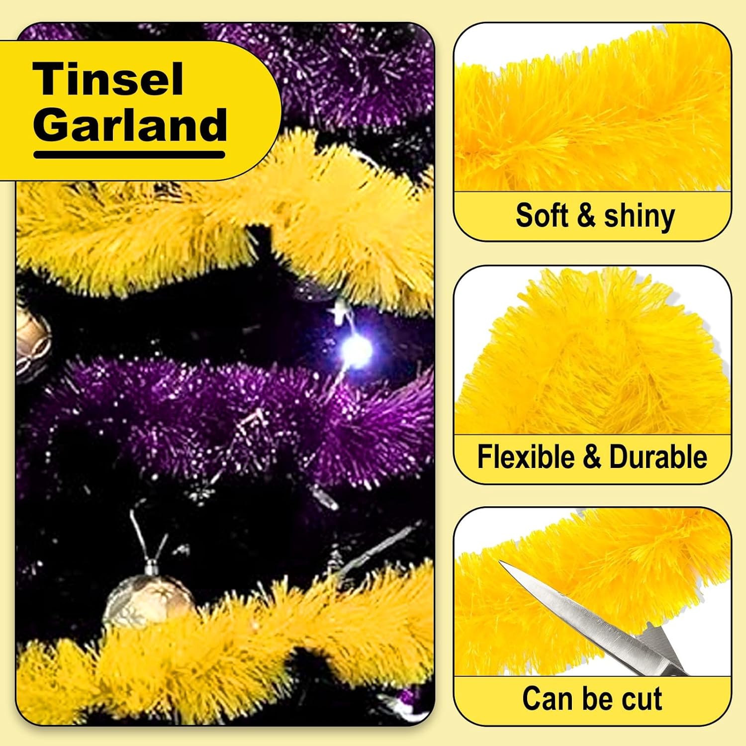 25 Feet Metallic Twist Tinsel Garland Backdrop for Parade Floats, Christmas Eve, New Year, Valentine's Day Party Decorations (Macaron Yellow, 4in x 25ft)
