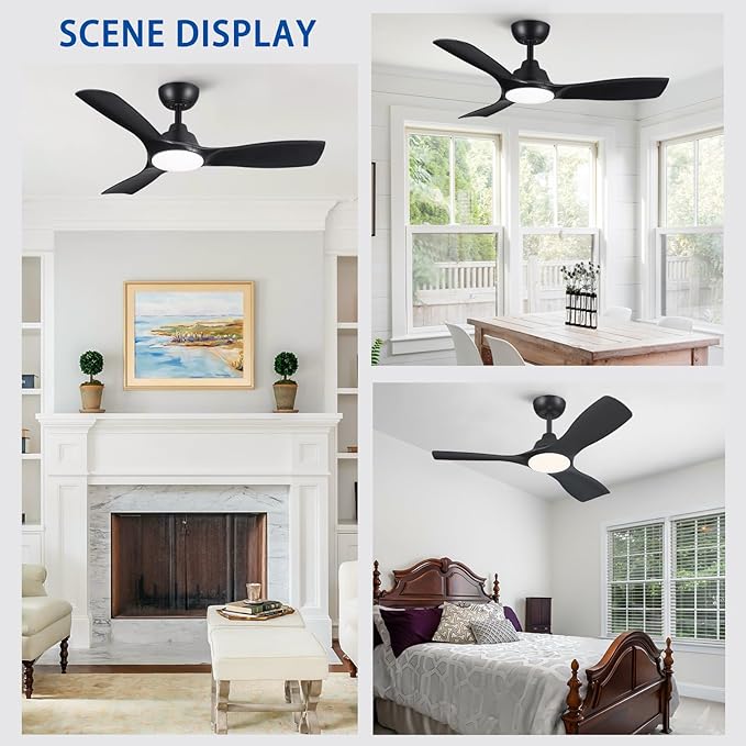 Sevenine Ceiling fan with light,Black Ceiling Fan,3 Blades,Downrod,6 speed adjustable,Dimmable LED,3 Timers,Reversible DC motor, For Patio Living Room Bedroom Dining Room (Black, 42Inch)