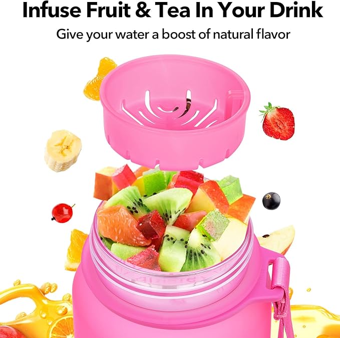 32oz Motivational Water Bottle with Time Marker & Fruit Strainer, Leak-proof BPA Free Non-Toxic 1l Bottle with Carrying Strap, Perfect for Fitness, Gym and Outdoor Sports (Ombre: Sorbet)