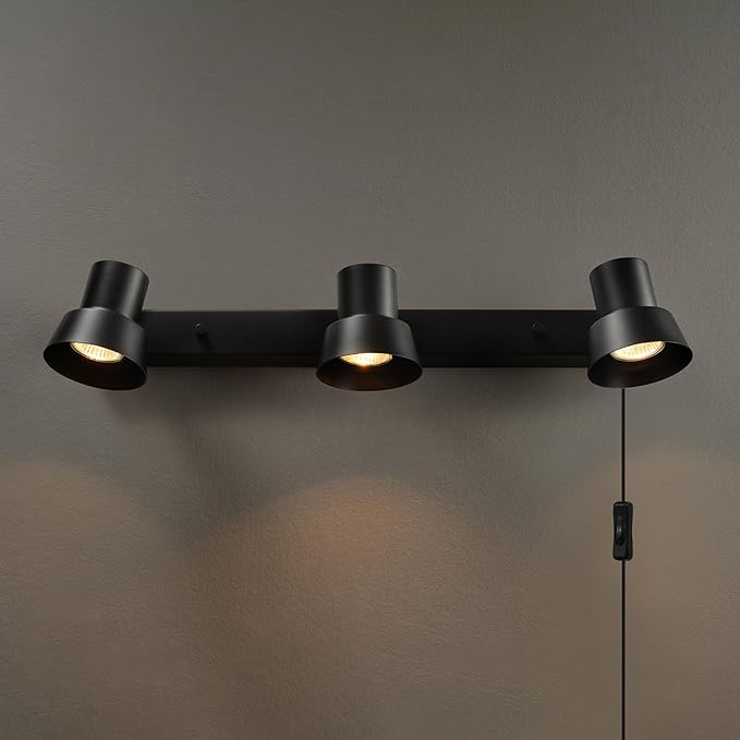 Globe Electric 64000115 22" 3-Light Plug-in Track Lighting, Matte Black, Pivoting Track Heads, 15-Foot Black Cord, in-Line on/Off Rocker Switch