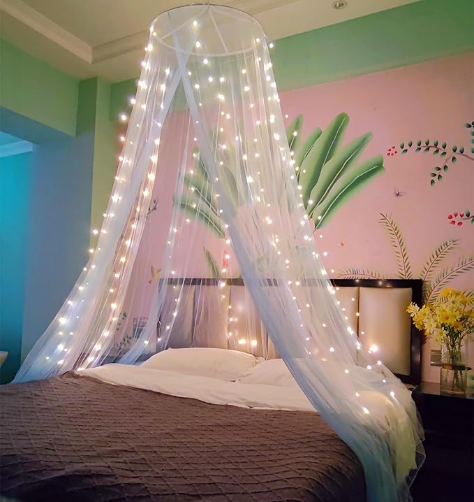 Eimilaly Two-Tone Bed Canopy Mosquito Net White Blue, Bed Canopy for Girls Room Decor - Insect Protection Hanging Canopy for Adults, Babies, Single Door