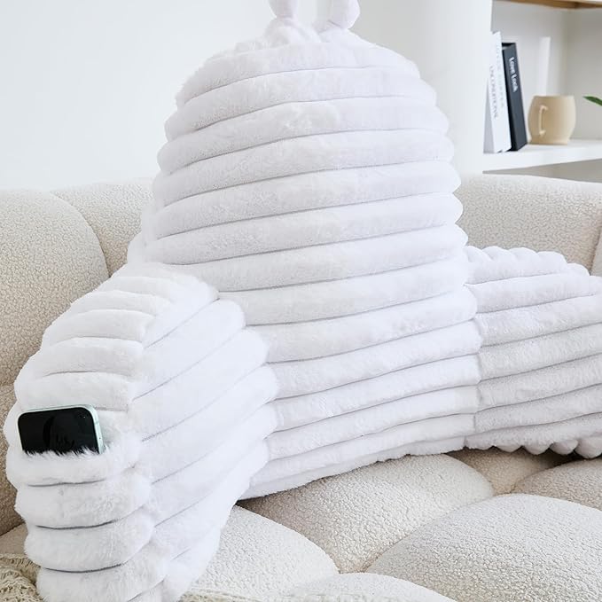 WERDIM Reading Pillow for Sitting in Bed, Faux Fur Back Pillow for Bed Rest, Bed Chair Pillow with Arms and Pockets(Standard, White)
