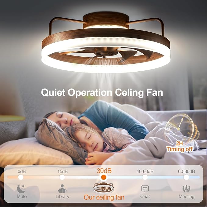 KDZ Low Profile Ceiling Fans with Lights and Remote, 20'' Bladeless Fandelier Ceiling Fans with Remote App, 3000-6000K Color Temperature Flush Mount Wooden Ceiling Light with 6 Speeds For Bedroom