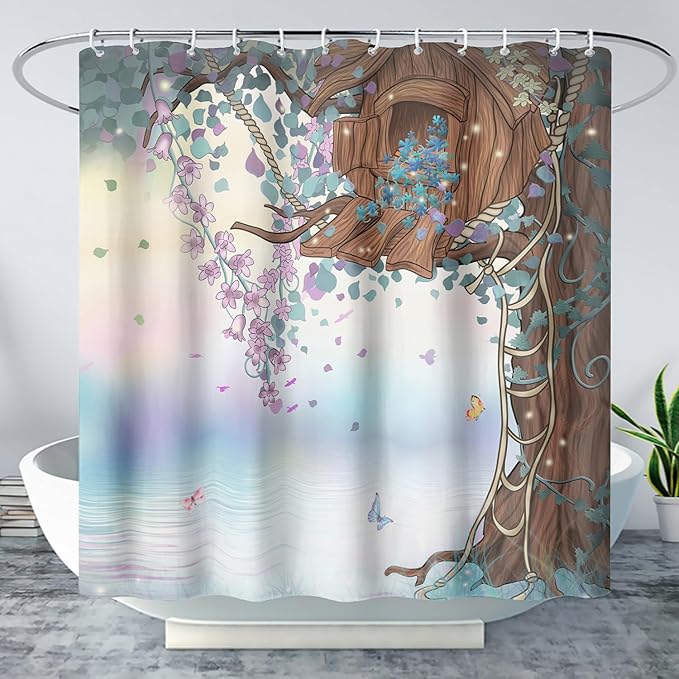 AILONEN Blue Tree Leaves Shower Curtain,Botanical Floral Plants Vine Shower Curtain,Butterfly Floral Shower Curtain for Bathroom Decor Polyester Waterproof with Grommets and Hooks 60" W*72" H