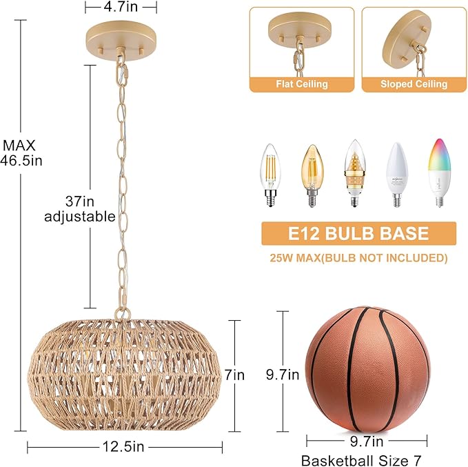 Rattan Farmhouse Chandeliers for Dining Room, 3-Light Boho Chandelier with Wicker Lampshade, Coastal Hanging Ceiling Pendant Light Fixtures for Kitchen Island Bedroom Living Room, E12 Base