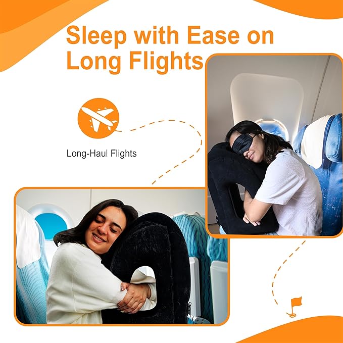Inflatable Travel Pillow - Airplane Pillow for Neck Support on Long Flights, Buses, Cars, Office & Trains - Comes with Eye Mask, Earplugs & Portable Drawstring Bag - Black