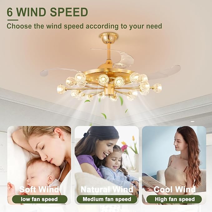 Sputnik Crystal Ceiling Fan Chandelier: 42" Gold Fandelier Ceiling Fans with 18 Lights and Remote Modern - Retractable Fandelier Ceiling Light for Living Dining Room Kitchen Bedroom