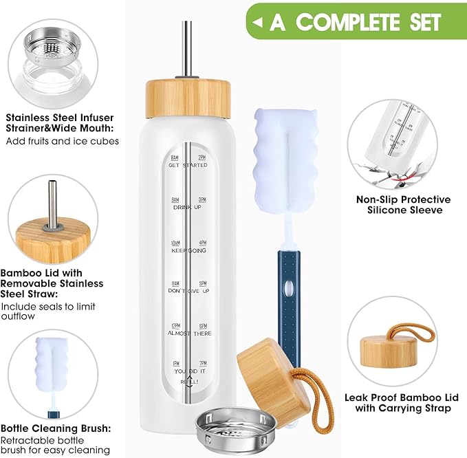32 oz Glass Water Bottles with Straw - Motivational Glass Water Bottle with Time Marker & Silicone Sleeve - Reusable Glass Tumbler Includes 2 Bamboo Lids & Fruit Infuser - 1 Pack