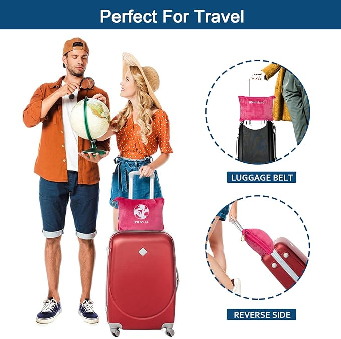 Bnuitland Travel Blanket and Pillow 2 in 1, Soft Flannel Airplane Blanket in Bag Compact-Long Flight Essential for Adults and Kids, Portable Luggage Sleeve and Backpack Clip, 65×40 inch Hot Pink