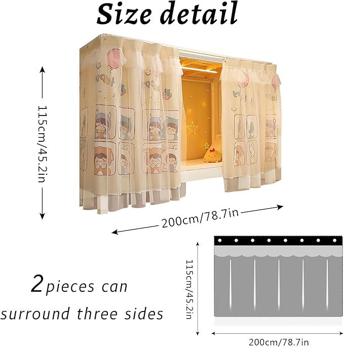 Hoce Bunk Bed Curtain Gauze Bunk Bed Curtains Drapes with Lace Privacy Dorm Bed Canopy for Bottom Twin, 2 Panels
