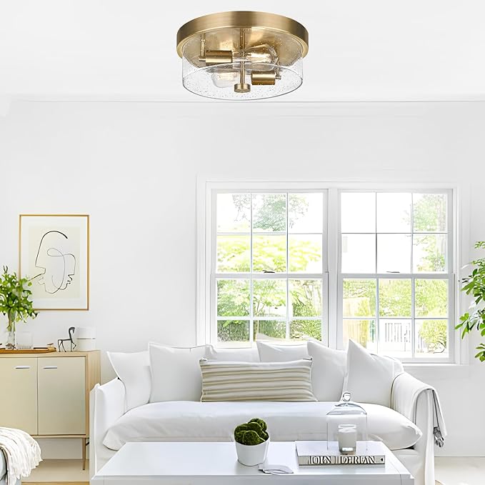 Flush Mount Ceiling Light Fixtures, 2-Light Brass Ceiling Mount for Farmhouse with Seeded Glass Lampshade, Industrial Hall Flush Mount Light Fixture for Hallway, Kitchen, Entryway, Bedroom and Foyer