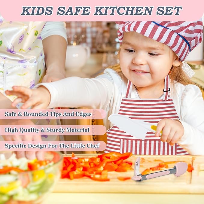 Kids Baking & Cooking Set, 16 Pcs Pink Toddler Baking Set for Real Food Making with Storage Case, Kids Real Cooking Kitchen Set for Junior Chef with Kids Apron & Hat, Kids Kitchen Utensils for Girls