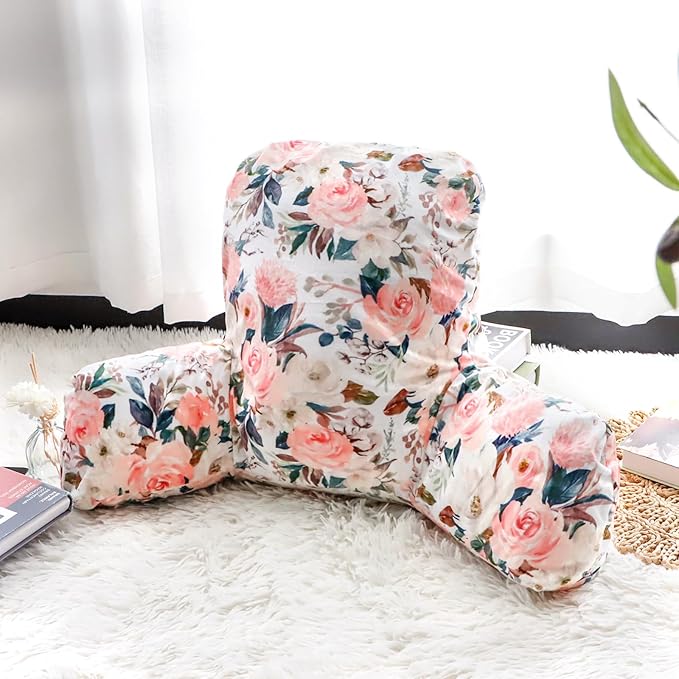 DILIMI Kid Reading Pillow, Back Support Pillow for Sitting in Bed, Soft Plush Bed Chair Sofa Pillow with Arms, Comfortable Rest Pillow for Kids & Teens, Pink Floral