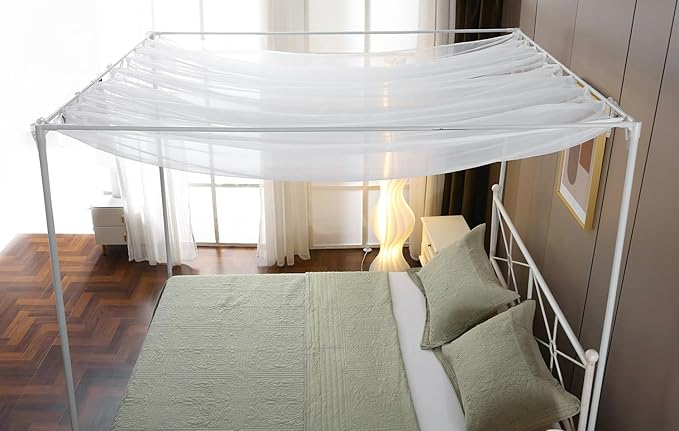 Pleated White Sheer Canopy Bed Curtains for Top of Bed, Romantic Princess Bed Curtains, Bed Canopy for Girls (Queen, White)