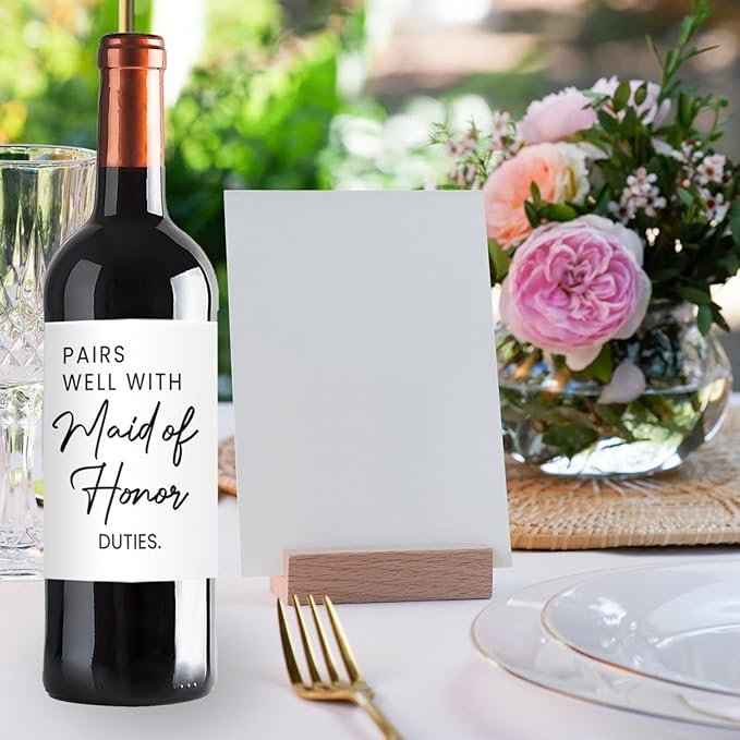 24Pcs Maid of Honor Wine Labels, Bridesmaid Proposal Gifts, Wedding Engagement Gift for Maid of Honor Bridesmaid Wine Label, Pairs Well with Maid of Honor Duties Wine Bottle Stickers Labels
