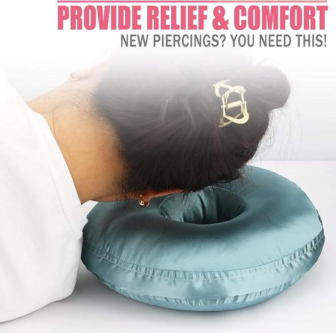 Satin Ear Piercing Pillow Removable Cover Luxury Cnh Pillow with Ear Holes for Ear Pain Side Sleepers Washable Large Donut Pillows Head Neck Support Turquoise