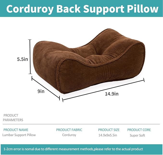 Lumbar Support Pillow for Office Chairs, Back Support Pillow for Lower Back Pain Relief, Soft & Good Support Corduroy Desk Lumbar Cushion, Small (Brown)