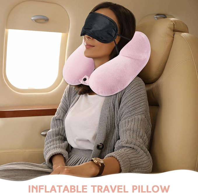 Sintuff 2 Pack Inflatable Travel Pillow for Airplanes Inflatable Neck Pillows with Compact Bag and Blindfold Soft Flight Pillow for Traveling, Airplane, Train, Car, Office(Light Pink and Violet)