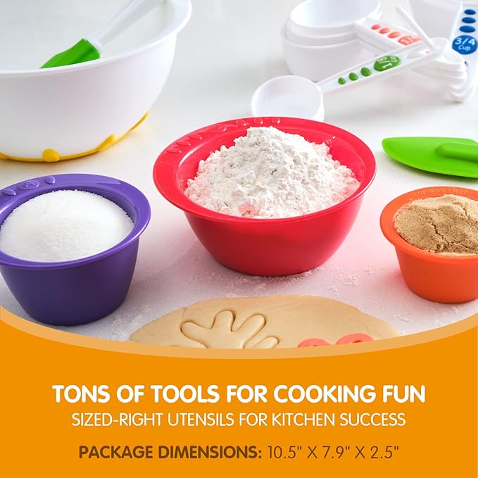 Curious Chef 17-Piece Cookware for Kids, Measure & Prep Kit, Dishwasher Safe Tools, Made with BPA-Free Plastic, Includes Real Utensils - Measuring Cups, Spoons, Bowl Set, Kitchen Timer & More