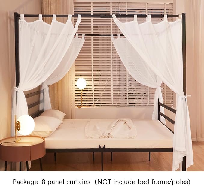 Akiky White Canopy Bed Curtains 4 Corner Bed Canopies Voile Sheer Canopy Curtains Panel 8 Drapery Panel Curtain for All Bed Sizes