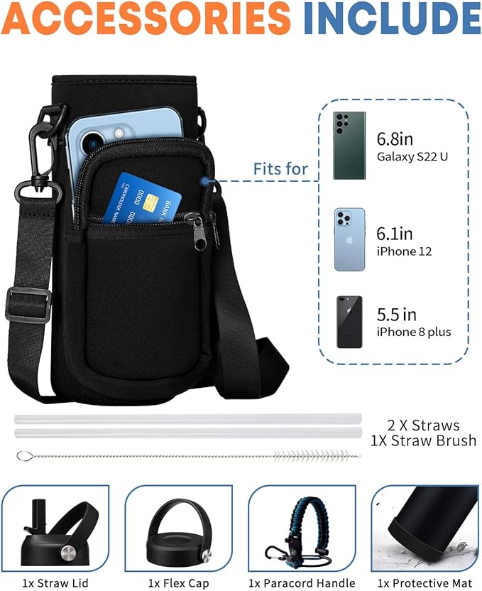 40 OZ Stainless Steel Water Bottle - with Straw, Leak Proof & BPA-Free, 40oz Insulated Water Bottles Thermal Flask Jug with Paracord Handle & Straw Spout Lids, Cold for 48 Hrs