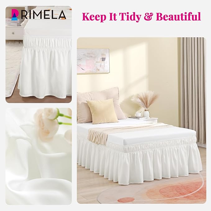 RIMELA White Bed Skirt Full Size 15 Inch Drop, Wrap Around Elastic Adjustable Bedskirt, Bed skirting Dust Ruffle for Bed Frame & Box Spring Soft Durable Fabric Machine Washable Easy to Install