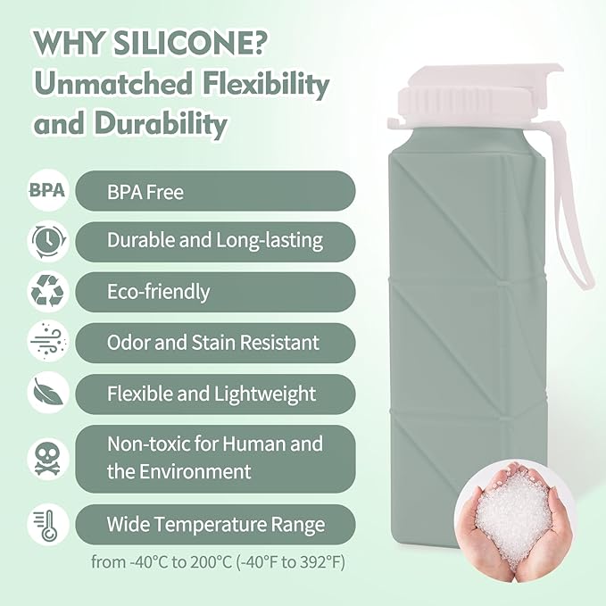 20 oz Water Bottle Collapsible | BPA Free Leakproof Lightweight Foldable Silicon Water Bottles | Twistable Water Cup | for Travel Gym Hiking Outdoor Camping Running Cycling Sports (Green)