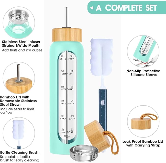 32 oz Glass Water Bottles with Straw - Motivational Glass Water Bottle with Time Marker & Silicone Sleeve - Reusable Glass Tumbler Includes 2 Bamboo Lids & Fruit Infuser - 1 Pack
