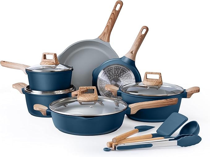 Country Kitchen Pots and Pans Set Nonstick, Cast Aluminum Kitchen Cookware Set with Utensils, 14 Pcs Non Stick Cooking Set w/Frying Pans & Saucepans