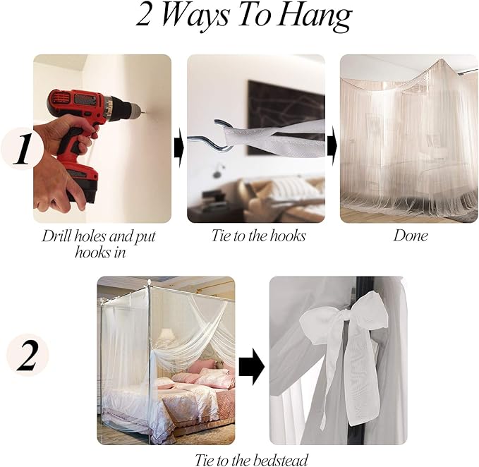 AIFUSI Mosquito Net, King Size Four Corner Post Curtains Bed Canopy for Single to Fits All Cribs and Beds for Adult Bedroom, Kids Rooms, Baby Bassinet, Garden, Camping（White）