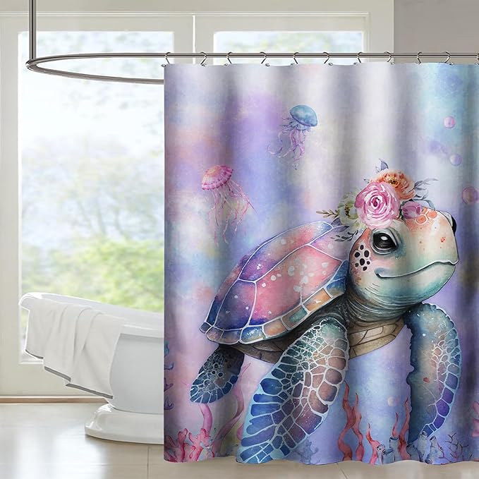 AILONEN Kawaii Sea Turtle Shower Curtain,Tie Die Turtle Bath Curtain Cloth Fabric Bathroom 48" W*72" H Inch,12 Pack Hooks for Kids Child Cute Watercolor Pink Sea Animal Bathroom Curtain