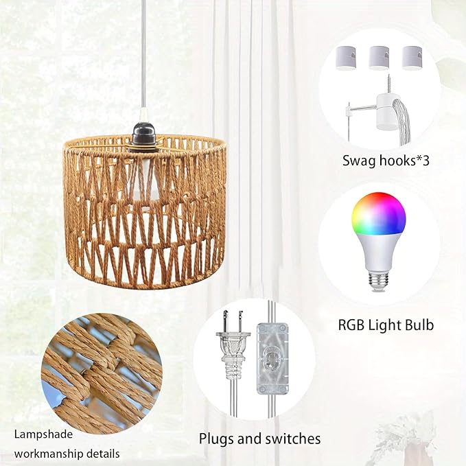 Hanging Lamp Plug in Rattan Hanging Lights with Plug in Cord, Woven Pendant Light with Smart RGB Bulb and Remote Control for Bedroom Living Room Farmhouse Kitchen (‎‎Rattan, Barrel Shade)