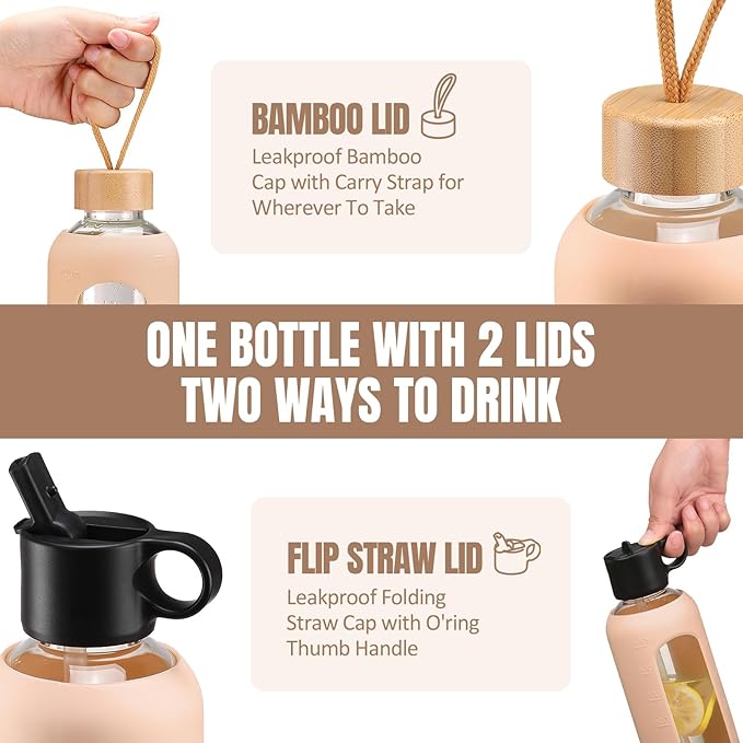 32oz Glass Water Bottle With 2 Lids-Flip Straw Lid, Bamboo Lid, Glass Water Bottle With Silicone Sleeve, Motivational Time Marker, Glass Juice Bottle for Cold Drink,Amber