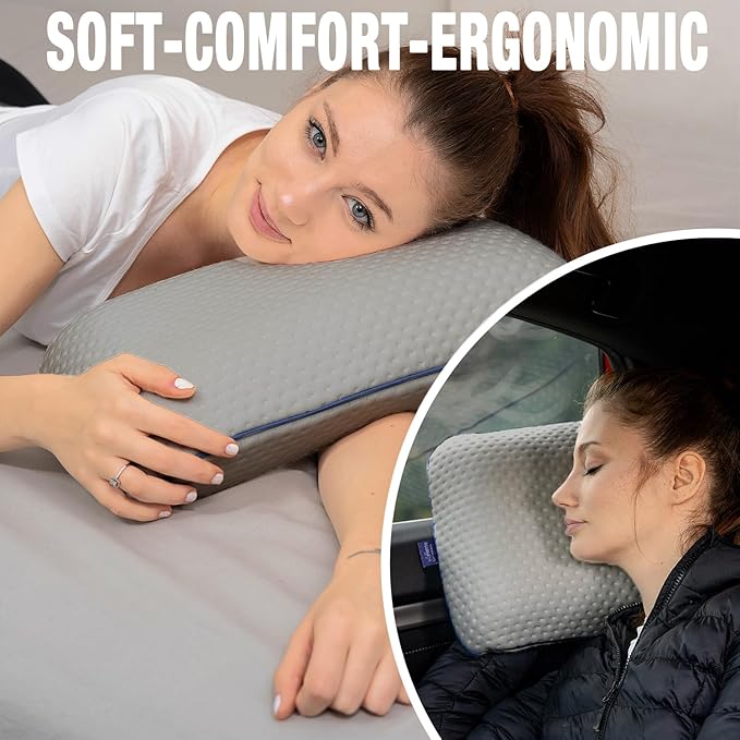 Travel & Camping Comfortable Memory Foam Pillow – Easy to Carry Portable Bag – Temperature Regulating Pillow Case (Grey)