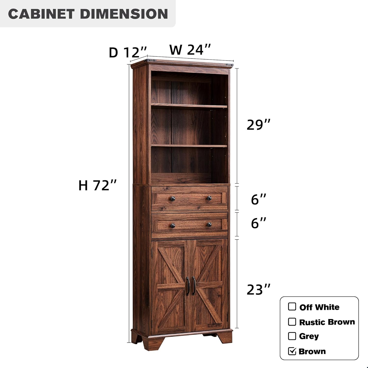 72" Tall Bathroom Storage Cabinet, Farmhouse Storage Cabinet with Adjustable Shelves, Barn Door & 2 Drawers, Cabinet for Bathroom, Living Room & Kitchen, Brown