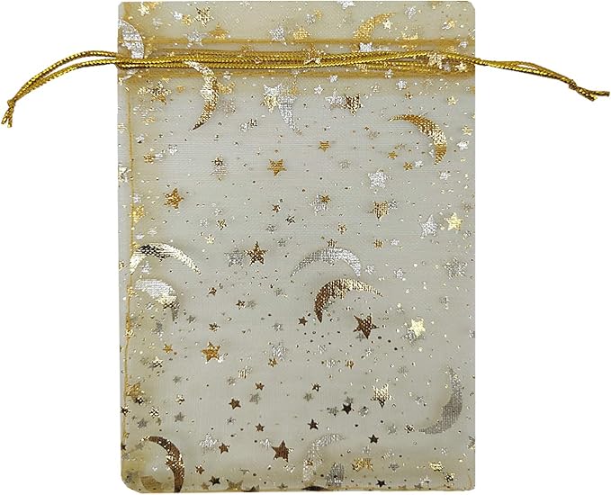 100pcs Organza Bags Moon and Stars Baby Shower Favor Bags Jewelry Candy Gift Card Bags With Gold Line Drawstring Pouches (Gold, 5x7)